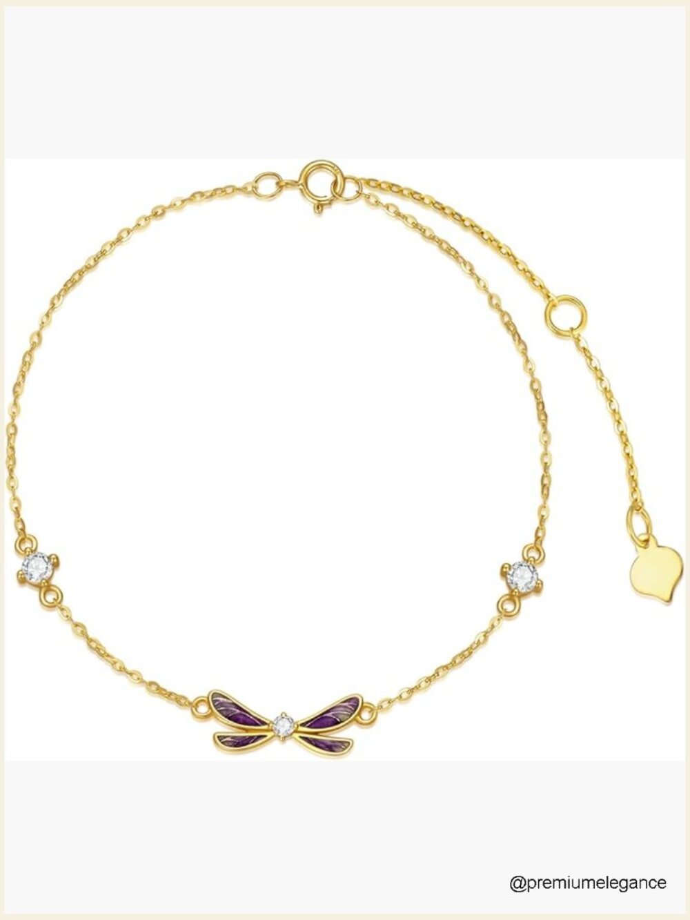 14K Gold Dragonfly Bracelet Real Gold CZ Link Bracelet 6.5+2 Inch